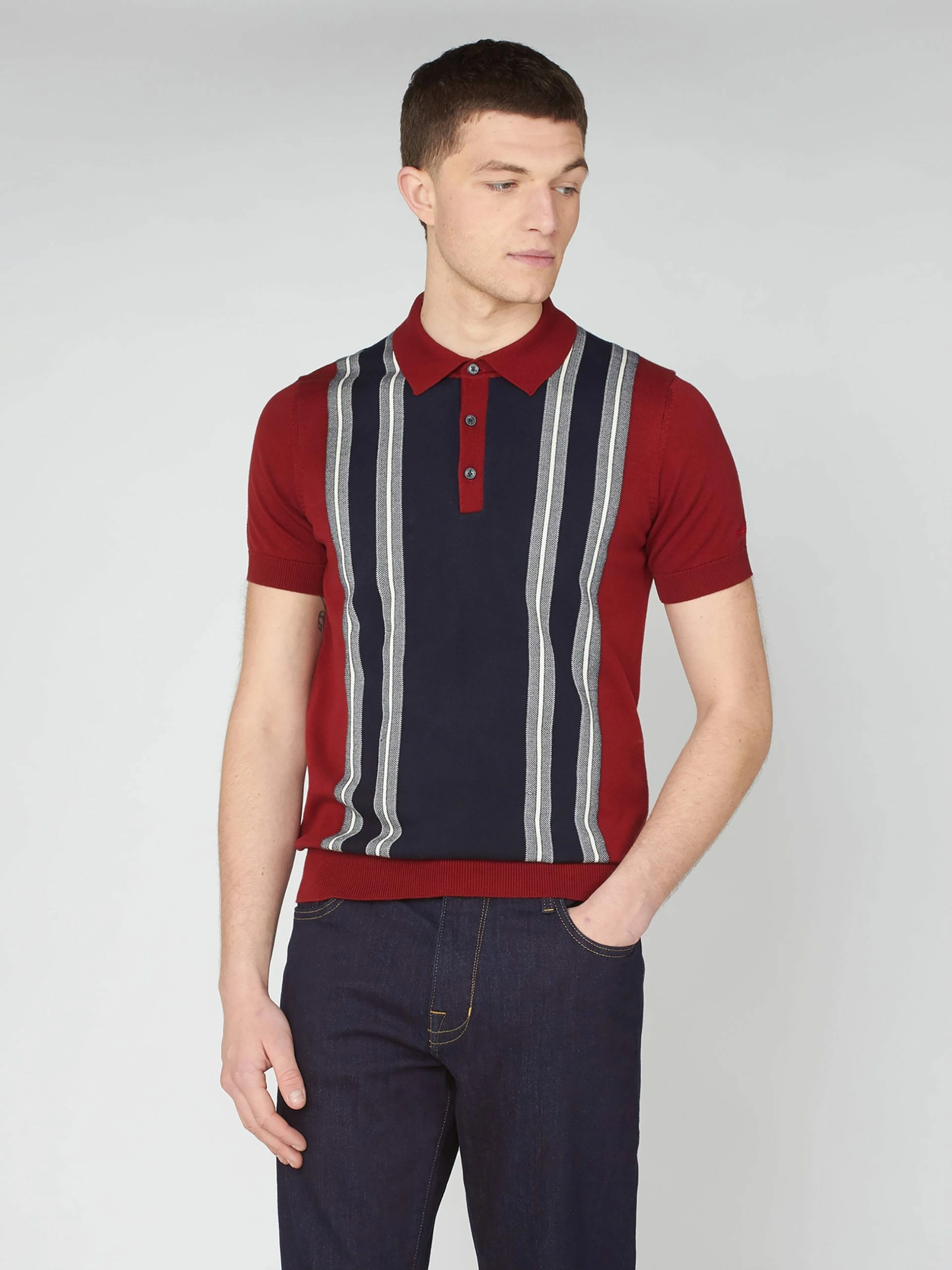 Iconic Vertical Textured Stripe Mod Knit Polo - Red 1 Iconic Vertical Textured Stripe Mod Knit Polo - Red