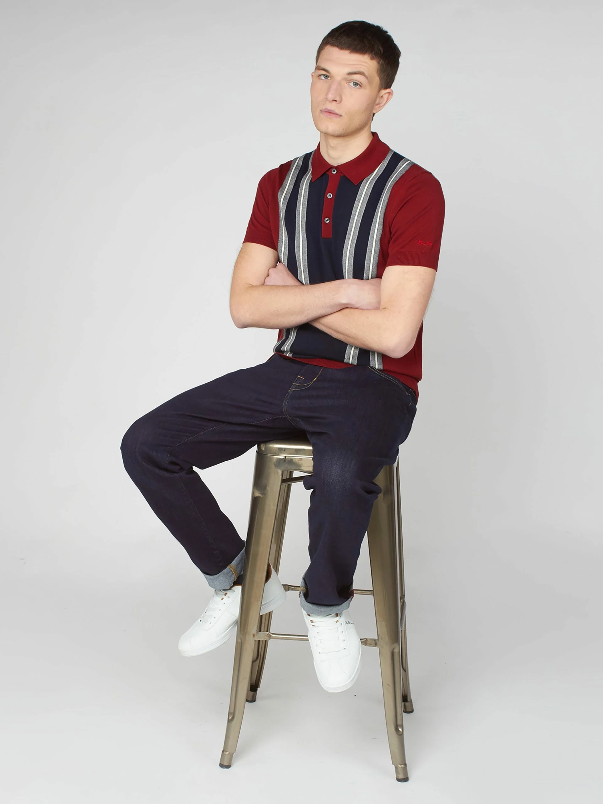 Iconic Vertical Textured Stripe Mod Knit Polo - Red 3 Iconic Vertical Textured Stripe Mod Knit Polo - Red - Image 3