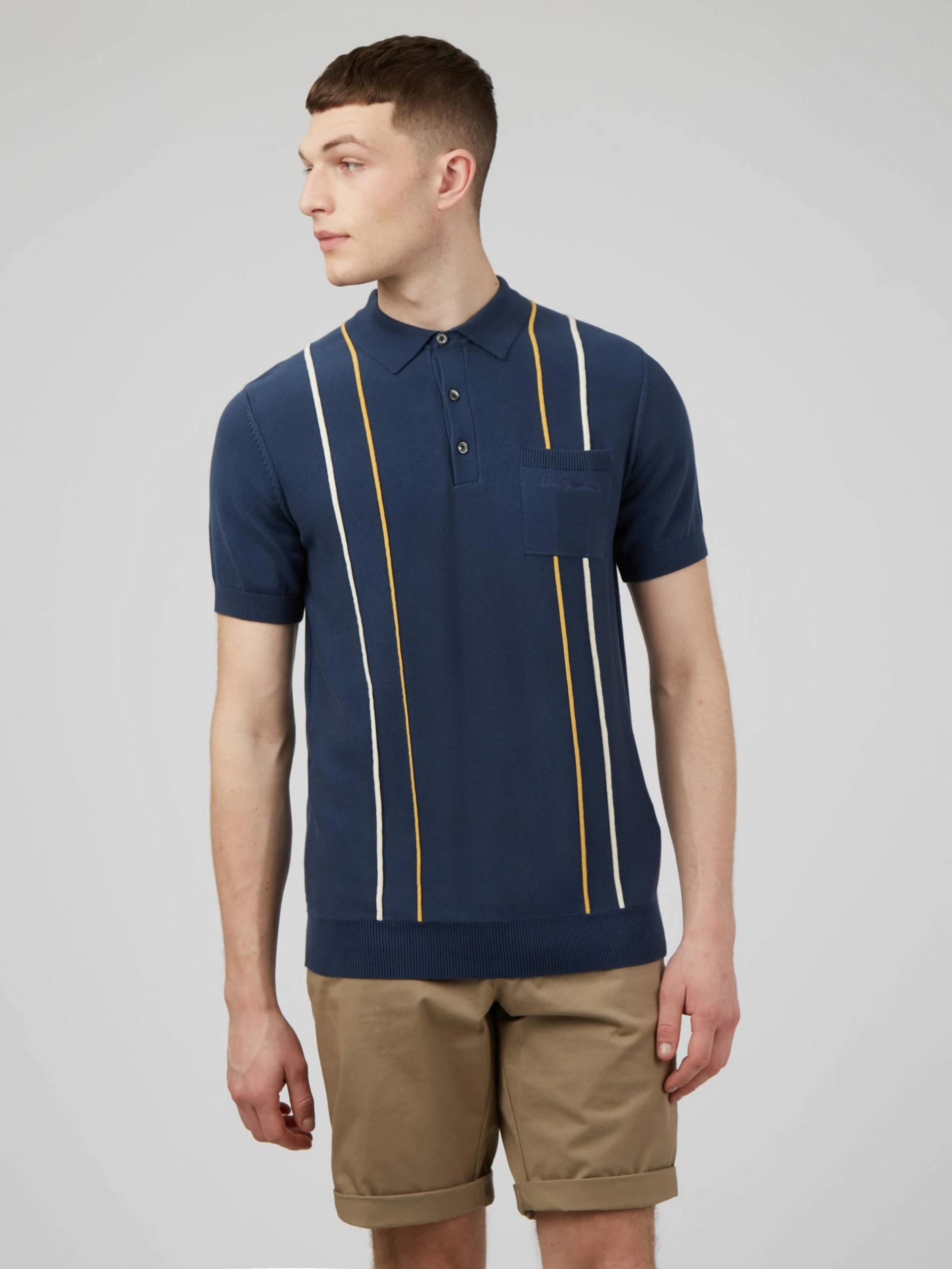 Minimal Mod Knit Striped Polo - Blue Denim 3 Minimal Mod Knit Striped Polo - Blue Denim - Image 3