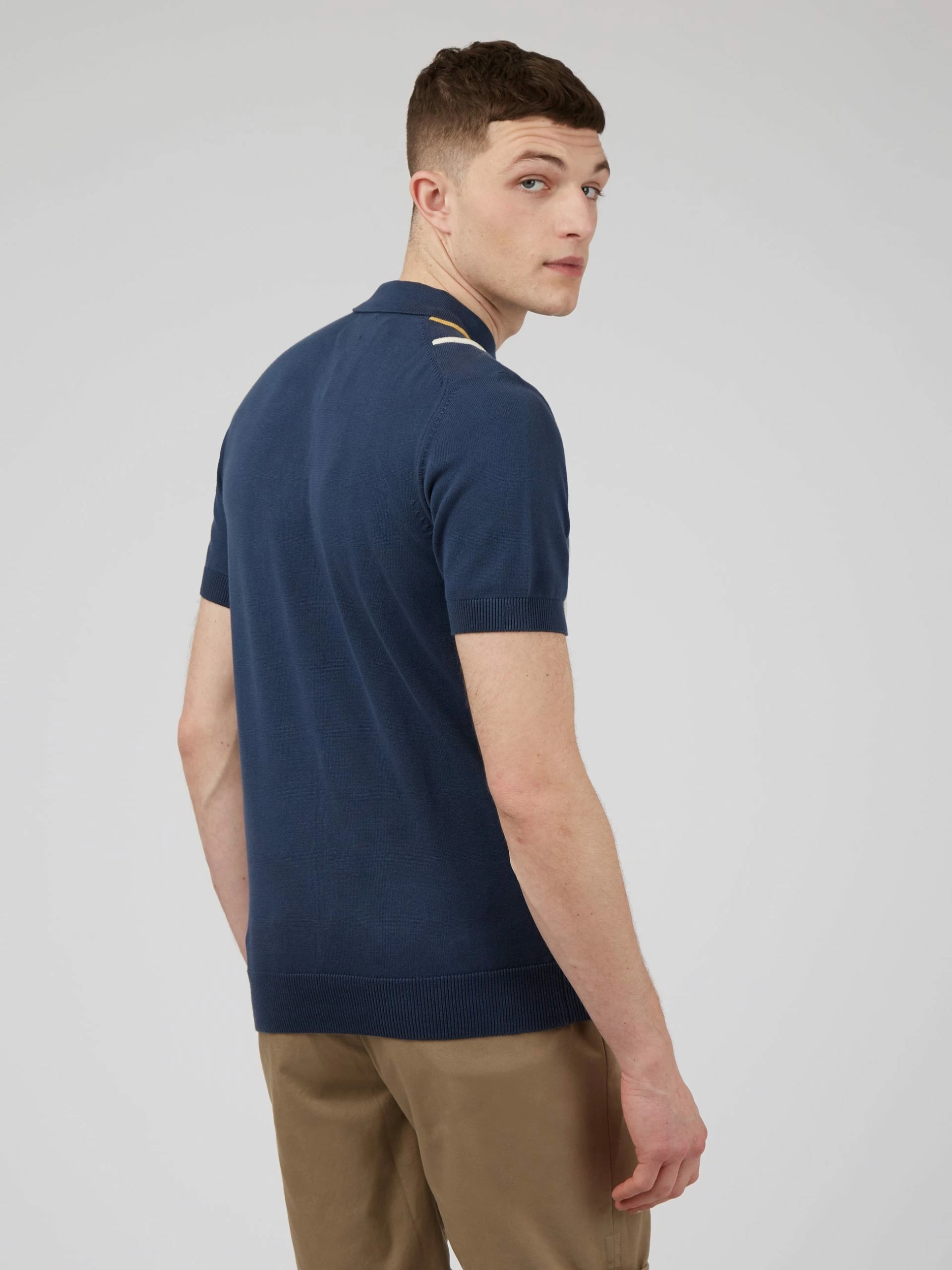 Minimal Mod Knit Striped Polo - Blue Denim 6 Minimal Mod Knit Striped Polo - Blue Denim - Image 6