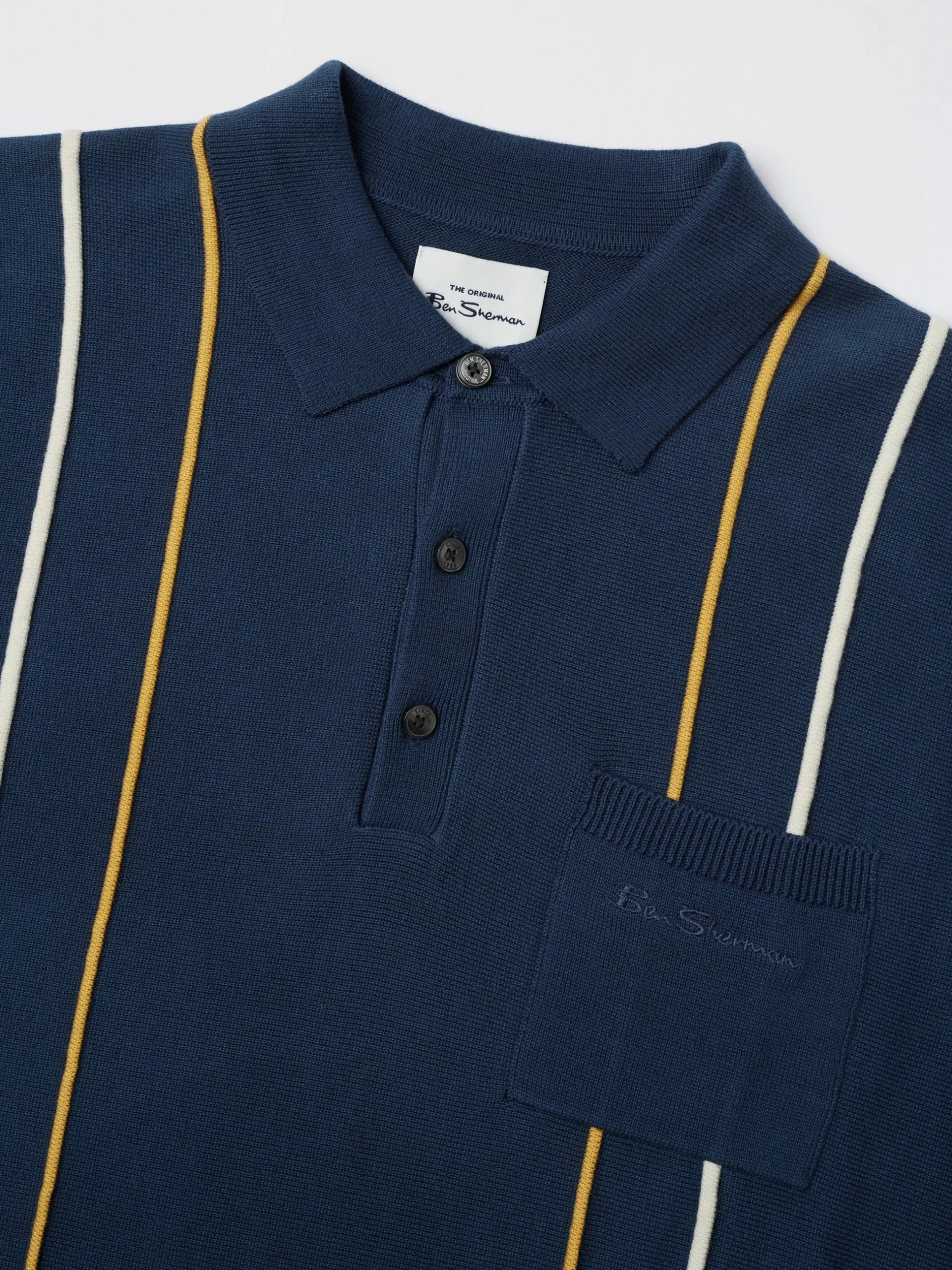 Minimal Mod Knit Striped Polo - Blue Denim 2 Minimal Mod Knit Striped Polo - Blue Denim - Image 2