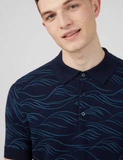 Wave Print Knit Polo - Marine