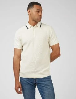 Textured Knit Contrast Tip Polo - Ivory -clothing Shop 0067849 015 A scaled