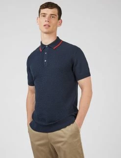 Textured Knit Contrast Tip Polo - Navy -clothing Shop 0067849 025 A scaled