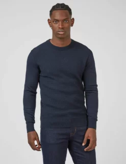 Textured Knit Crewneck Sweater - Navy -clothing Shop 0067850 025 A scaled