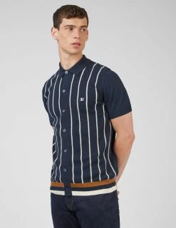 B By Ben Sherman Striped Button-Down Knit Polo - Navy -clothing Shop 0067852 025 A scaled