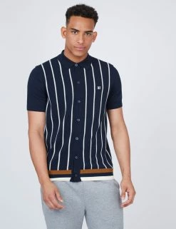 B By Ben Sherman Striped Button-Down Knit Polo - Navy