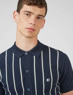 B By Ben Sherman Striped Button-Down Knit Polo - Navy -clothing Shop 0067852 025 E scaled