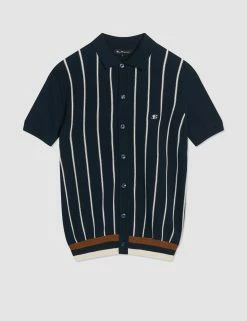 B By Ben Sherman Striped Button-Down Knit Polo - Navy -clothing Shop 0067852 025 F