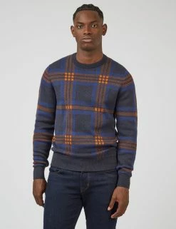 Jacquard Check Crewneck Sweater - Navy -clothing Shop 0067858 025 A scaled