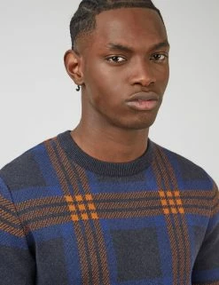 Jacquard Check Crewneck Sweater - Navy -clothing Shop 0067858 025 E scaled