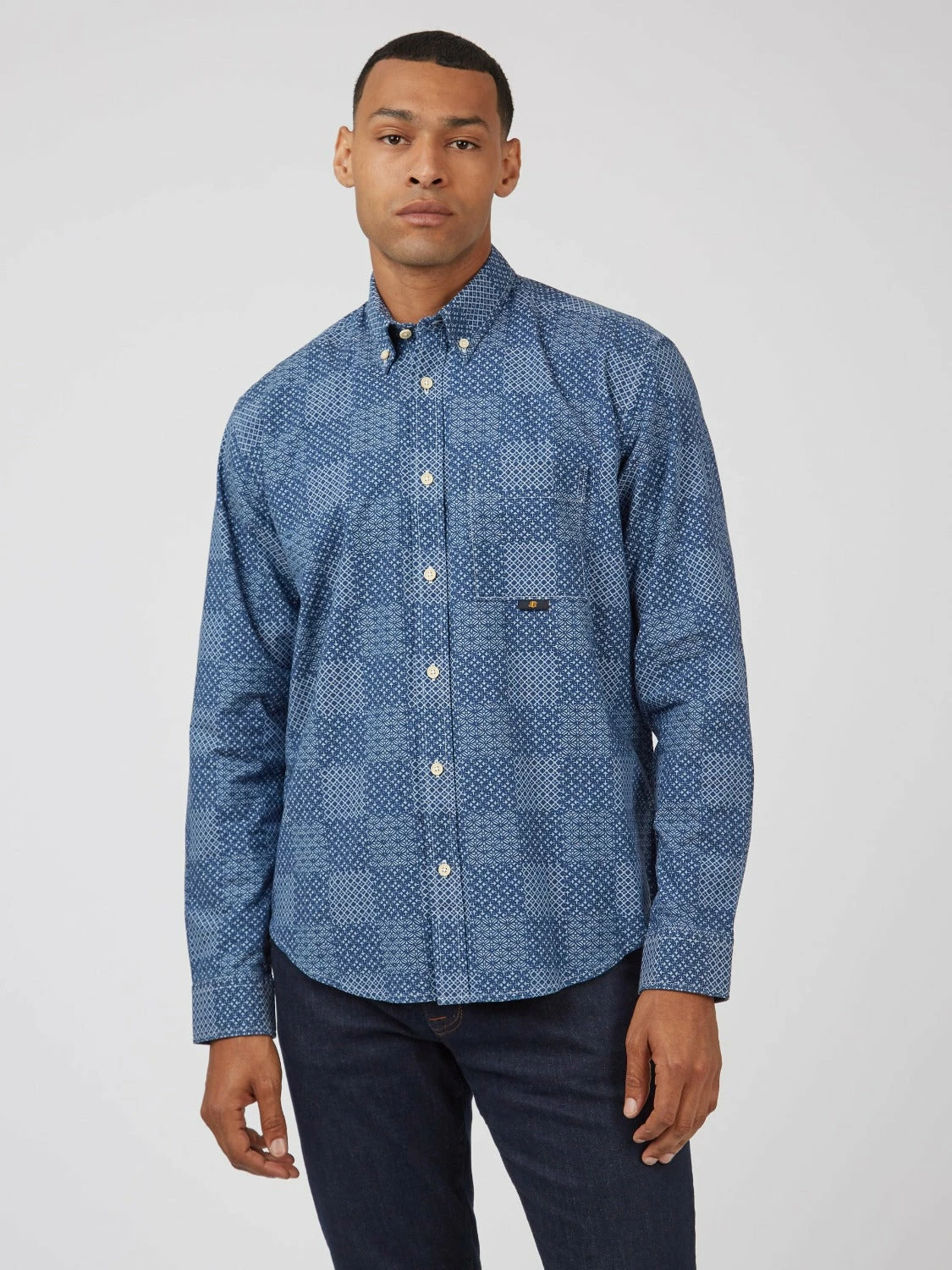 Chambray Patchwork Geo Print Long-Sleeve Shirt 5 Chambray Patchwork Geo Print Long-Sleeve Shirt - Image 5