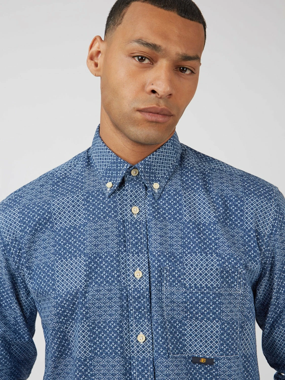 Chambray Patchwork Geo Print Long-Sleeve Shirt 2 Chambray Patchwork Geo Print Long-Sleeve Shirt - Image 2