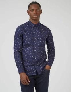 Scattered Floral Print Long-Sleeve Shirt - Marine