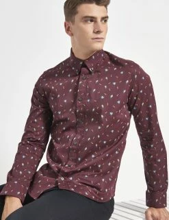 Scattered Floral Print Long-Sleeve Shirt - Aubergine