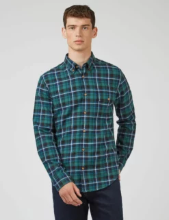 Brushed Plaid Check Long-Sleeve Shirt - Ocean Green -clothing Shop 0068088 700 A scaled