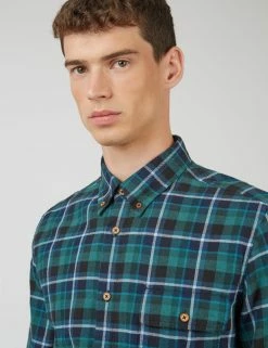 Brushed Plaid Check Long-Sleeve Shirt - Ocean Green
