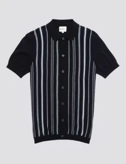 Striped Button-Down Knit Polo - Navy -clothing Shop 0070751 025 D hnhamz
