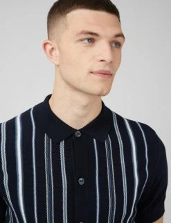 Striped Button-Down Knit Polo - Navy