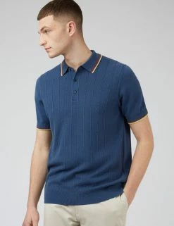 Textured Knit Fitted Polo - Blue Denim