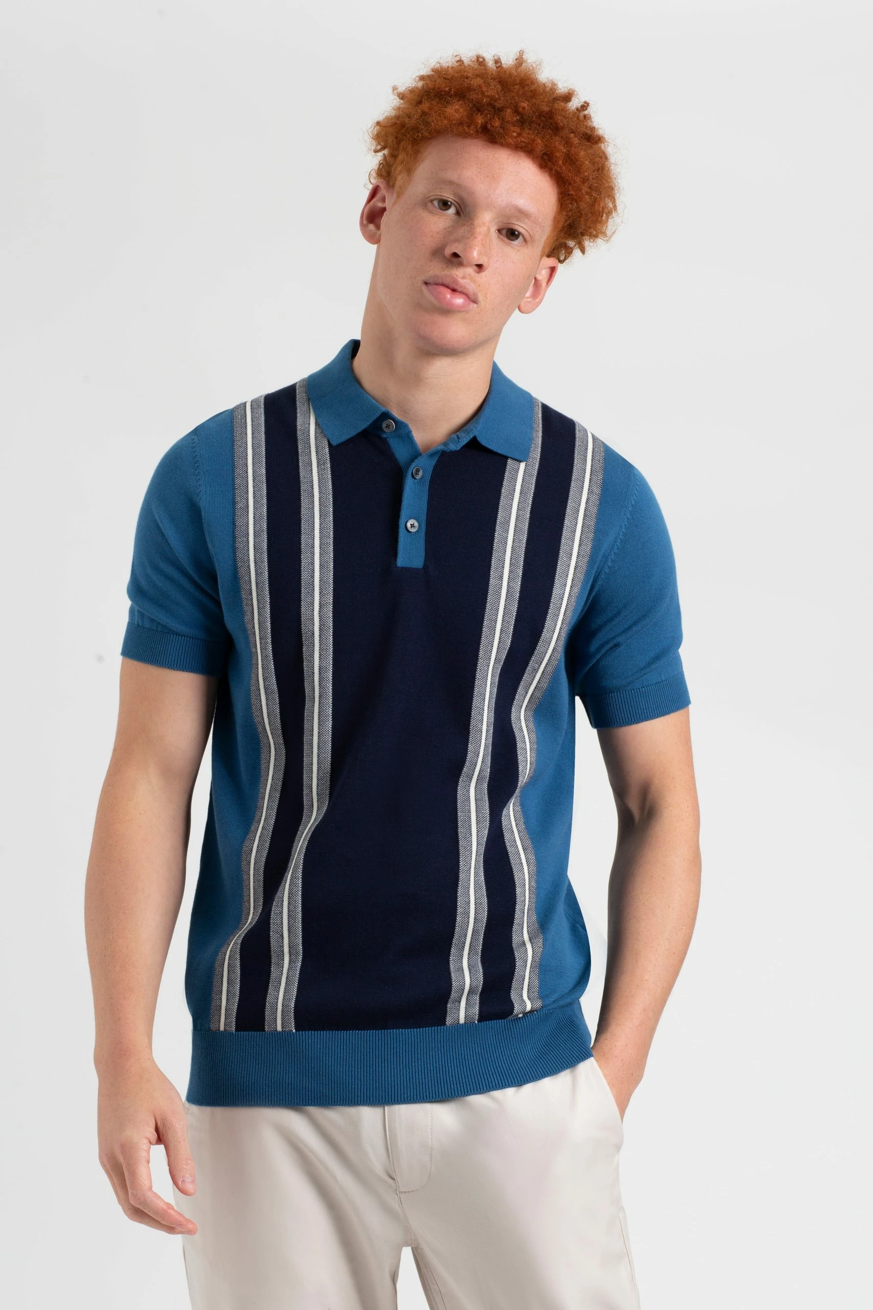 Iconic Vertical Textured Stripe Mod Knit Polo - Royal Blue 1 Iconic Vertical Textured Stripe Mod Knit Polo - Royal Blue