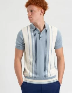 Iconic Vertical Textured Stripe Mod Knit Polo - Light Blue