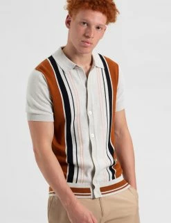 Iconic Vertical Stripe Button-Through Mod Knit Polo - Ivory