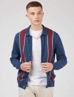 Button-Through Contrast Stripe Long-Sleeve Knit Polo