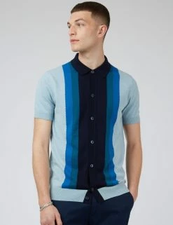 Button-Through Mod Knit Stripe Polo - Sky