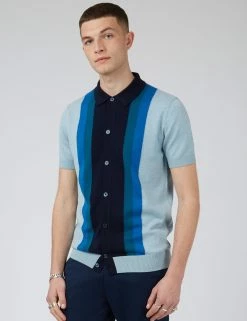 Button-Through Mod Knit Stripe Polo - Sky -clothing Shop 0074405C 120 B pehbnd