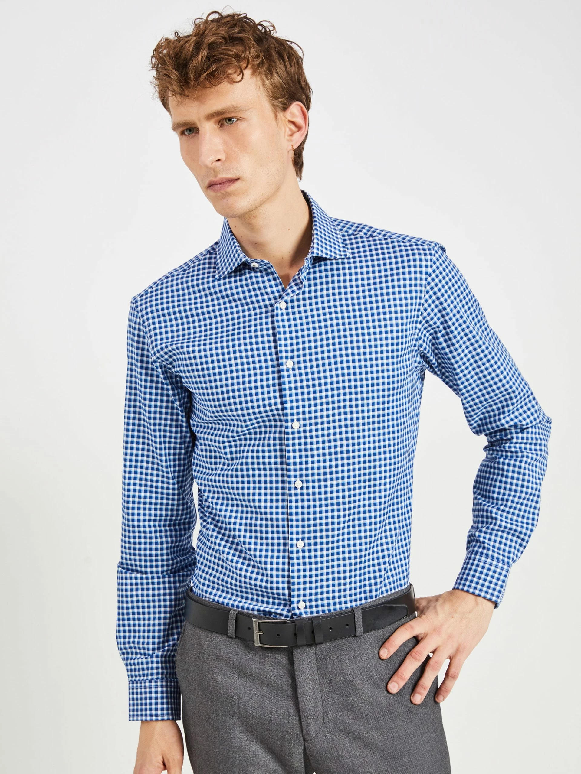 Pinpoint Check Slim Fit Dress Shirt - Teal/Blue 3 Pinpoint Check Slim Fit Dress Shirt - Teal/Blue - Image 3