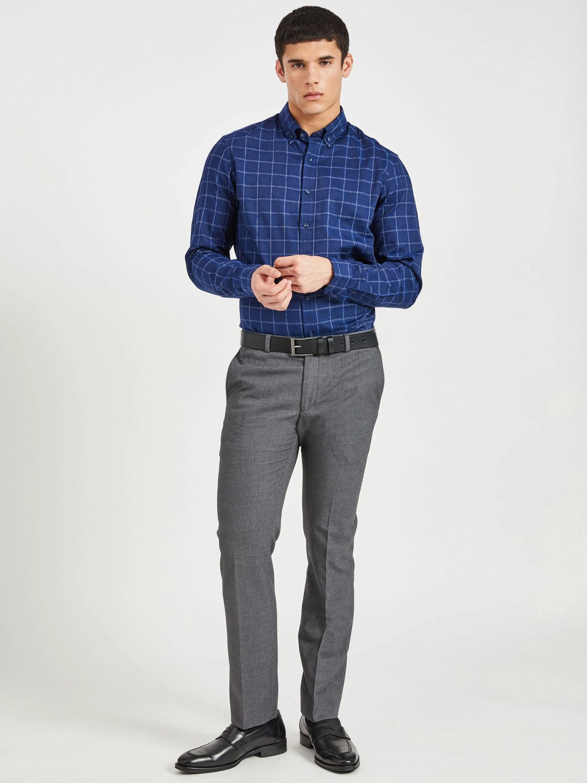 Dobby Windowpane Skinny Fit Dress Shirt - Navy 3 Dobby Windowpane Skinny Fit Dress Shirt - Navy - Image 3