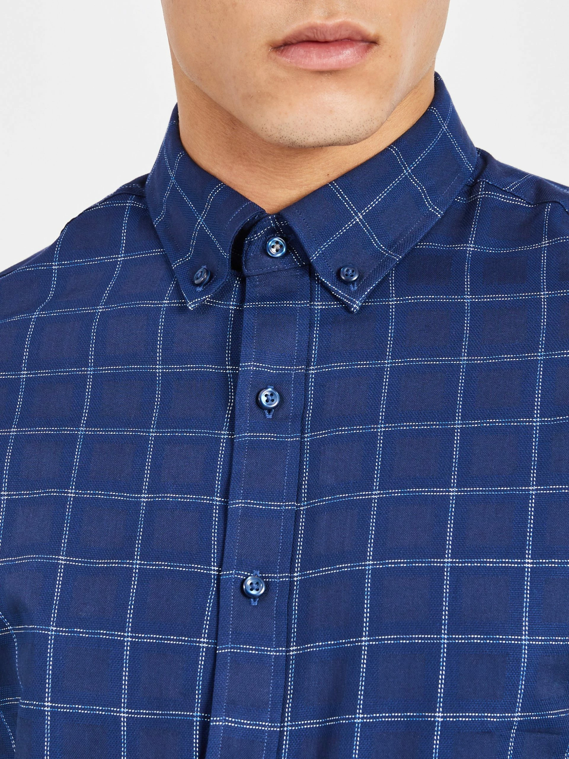 Dobby Windowpane Skinny Fit Dress Shirt - Navy 2 Dobby Windowpane Skinny Fit Dress Shirt - Navy - Image 2