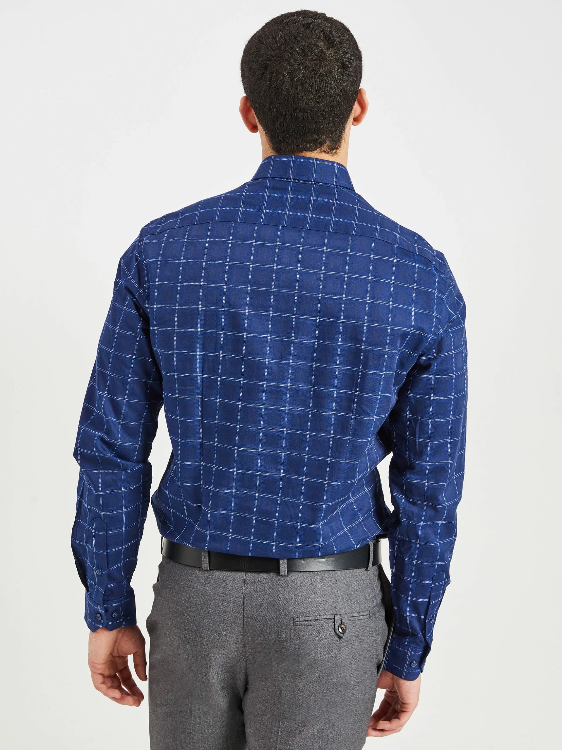 Dobby Windowpane Skinny Fit Dress Shirt - Navy 5 Dobby Windowpane Skinny Fit Dress Shirt - Navy - Image 5