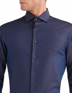 Sateen Dobby Slim Fit Dress Shirt - Navy