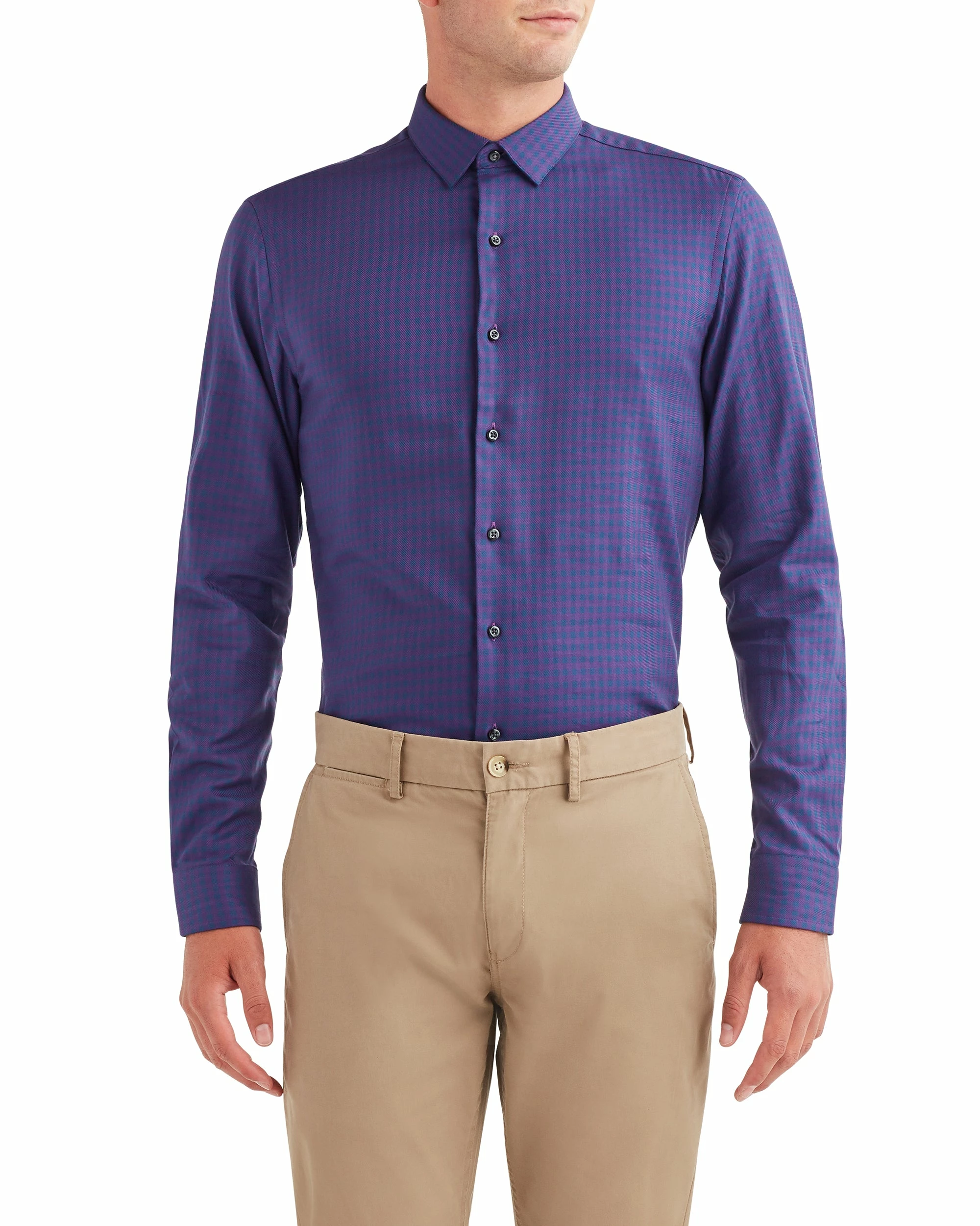 Twill Gingham Slim Fit Dress Shirt - Purple 2 Twill Gingham Slim Fit Dress Shirt - Purple - Image 2