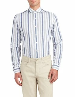 Wide Dobby Stripe Skinny Fit Dress Shirt - Blue
