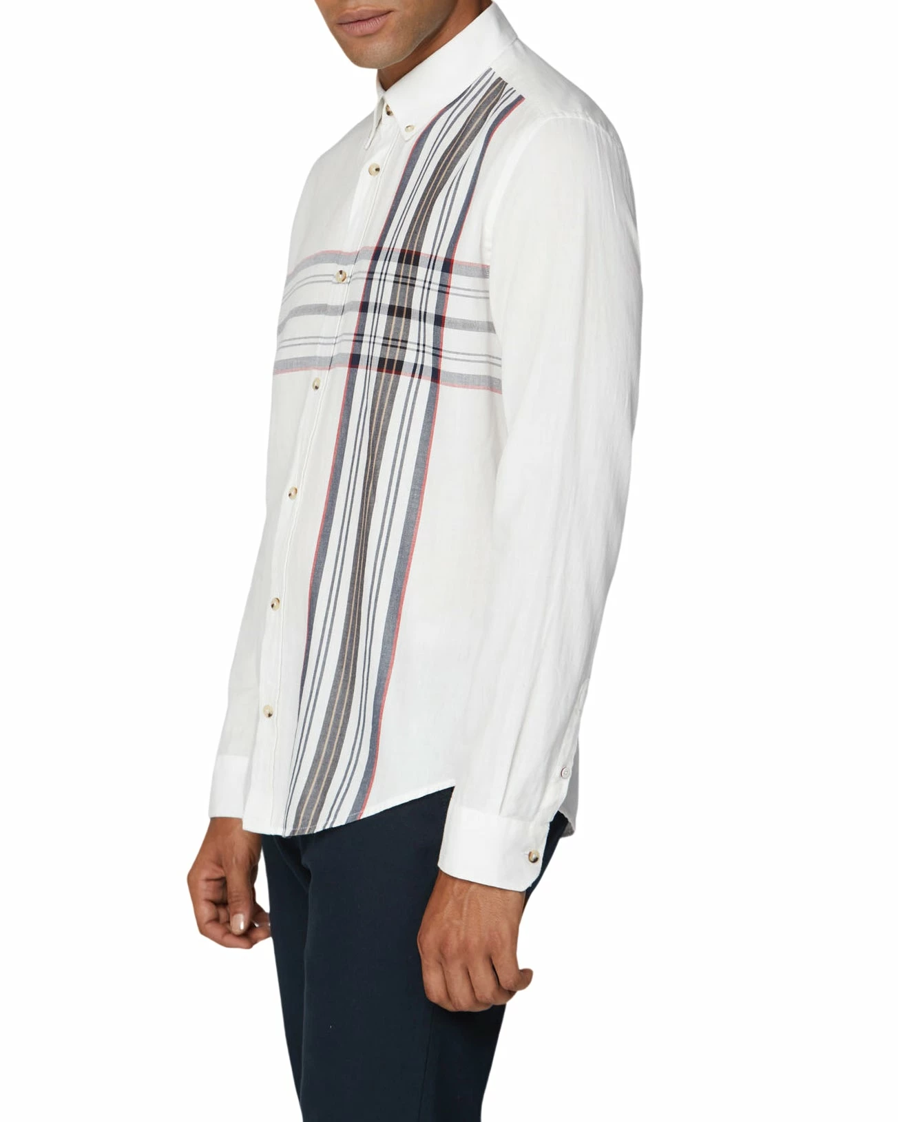 Long-Sleeve Placed Stripe Shirt - Off White 1 Long-Sleeve Placed Stripe Shirt - Off White