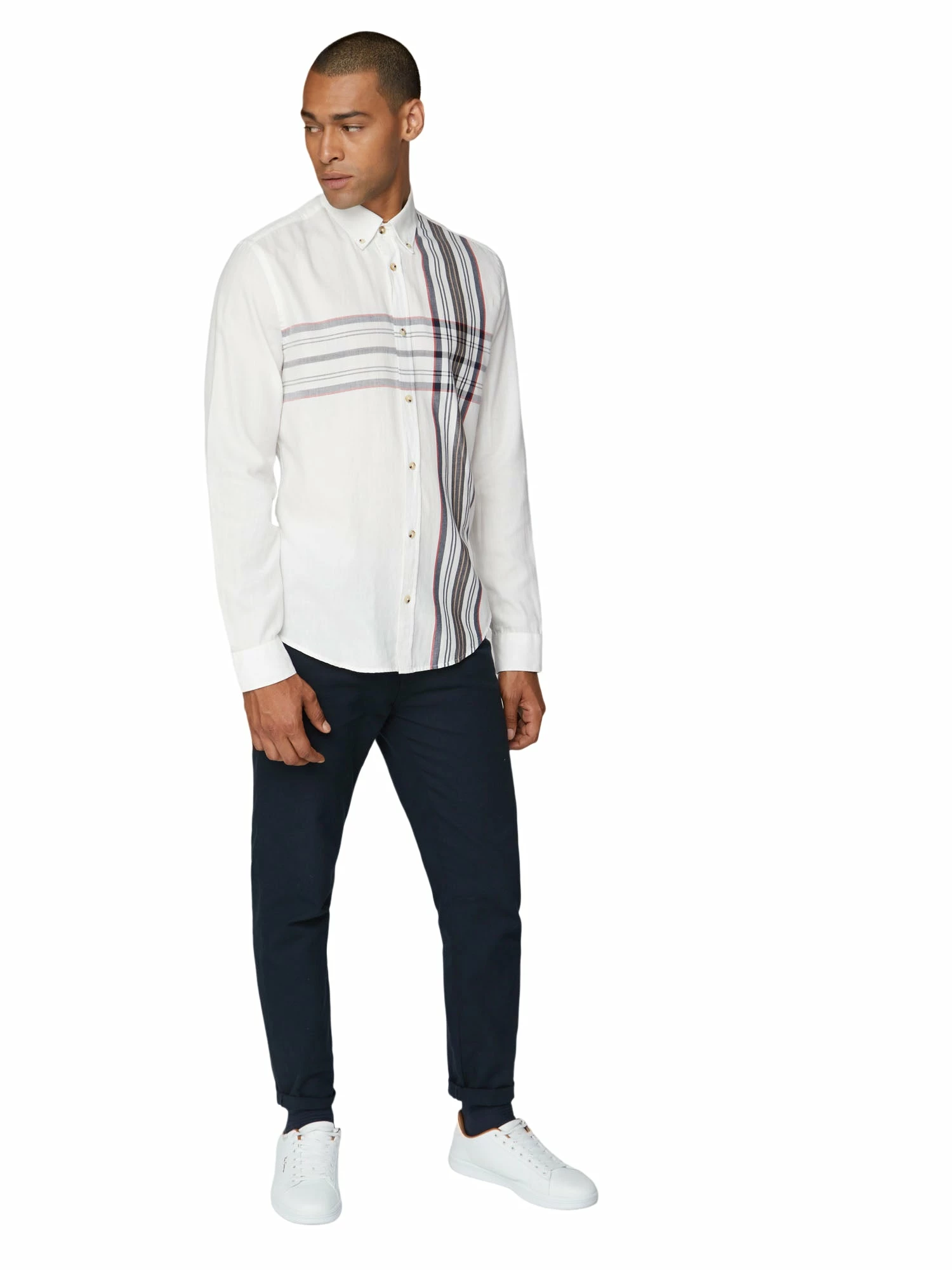 Long-Sleeve Placed Stripe Shirt - Off White 4 Long-Sleeve Placed Stripe Shirt - Off White - Image 4