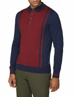 Long-Sleeve Stripe Knit Polo - Dark Navy