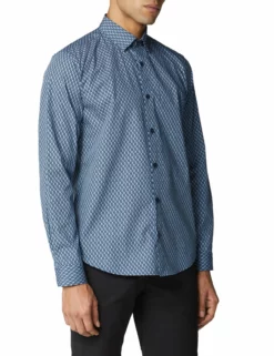 Long-Sleeve Fine Geo Print Shirt - Dark Navy