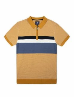 Chest Stripe Zip Knit Polo - Dijon -clothing Shop 59359 54 chest stripe zip knit polo dijon flat