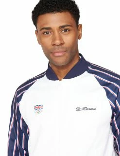 Team GB Men's Union Stripe Tricot Bomber - White -clothing Shop 63085 010 team gb mens union stripe tricot bomber white closeup