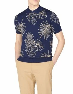 Floral-Print Knit Polo - Marine