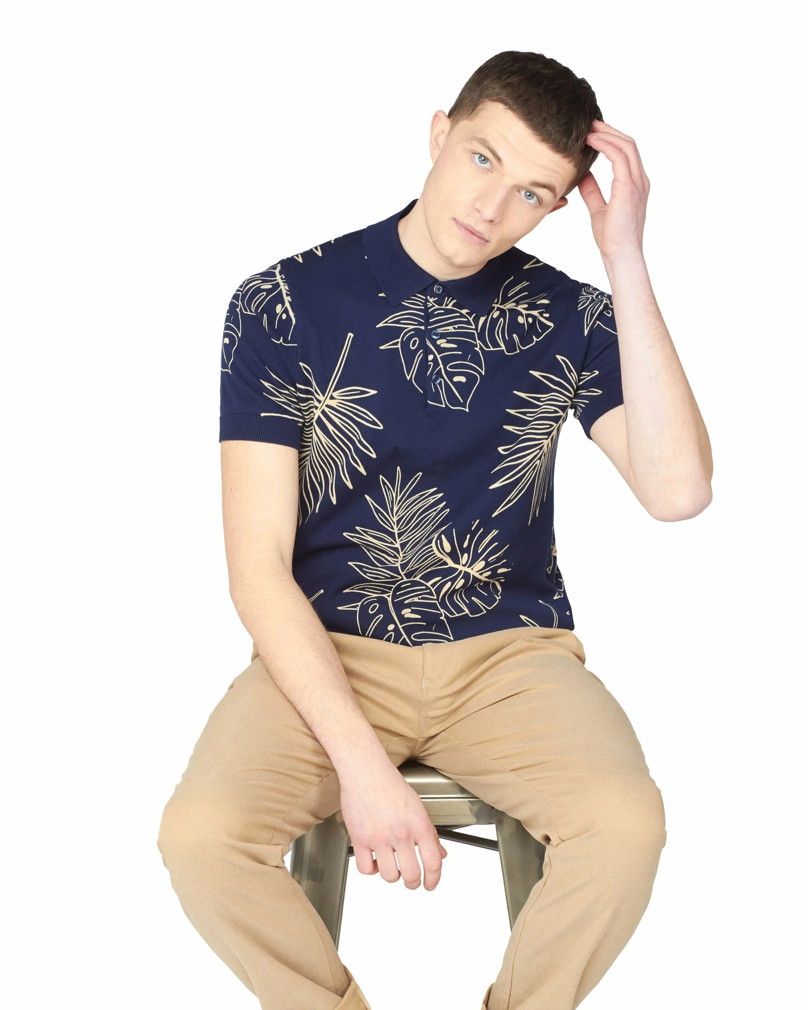 Floral-Print Knit Polo - Marine 4 Floral-Print Knit Polo - Marine - Image 4