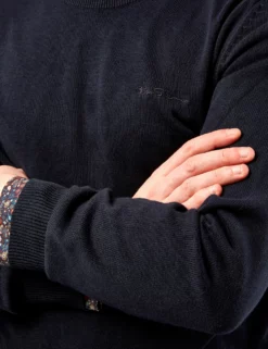 Signature Knit Crewneck Sweater - Dark Navy -clothing Shop 63370c 025 signature knit crewneck sweater dark navy closeup on model