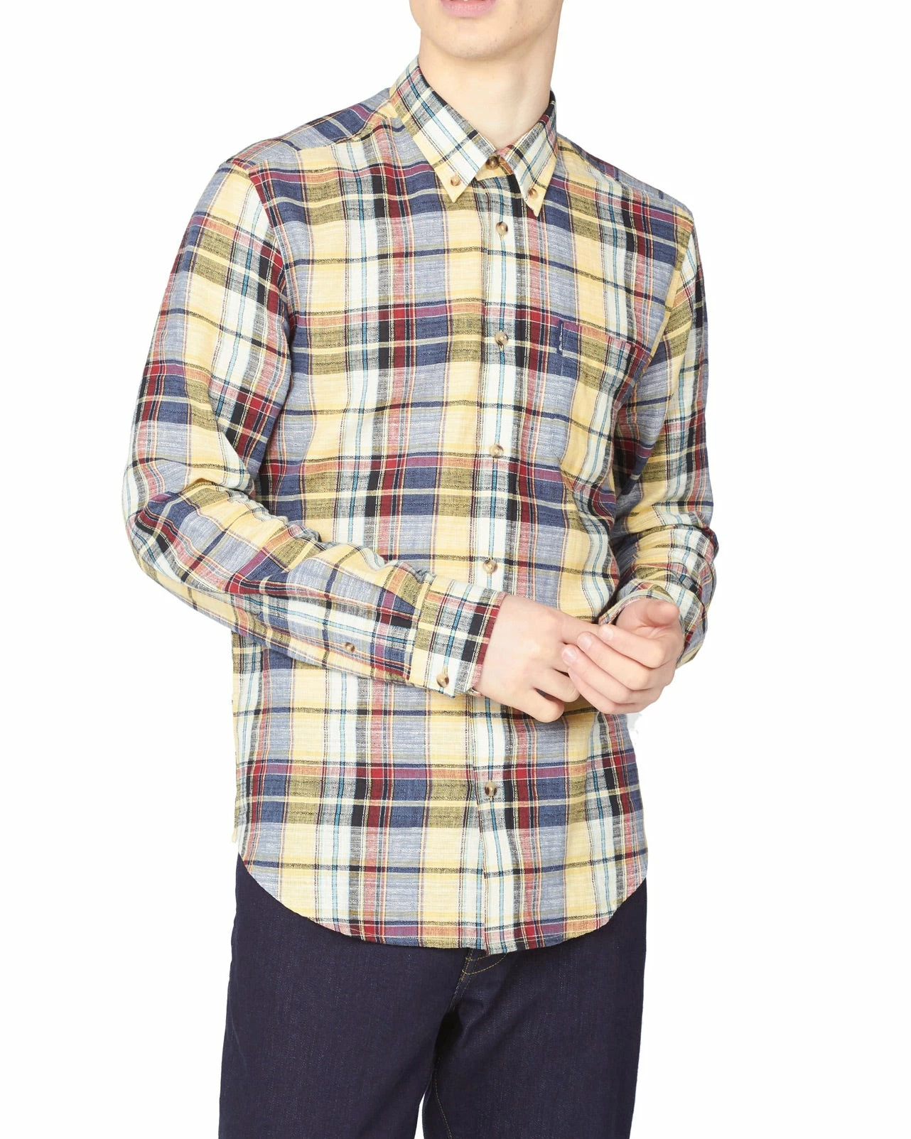 Long-Sleeve Slub Madras Check Shirt - Yellow 2 Long-Sleeve Slub Madras Check Shirt - Yellow - Image 2