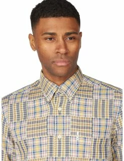 Long-Sleeve Archive Patchwork Check Shirt - Pale Yellow -clothing Shop 63454 451 long sleeve archive patchwork check shirt pale yellow closeup