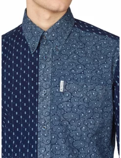 Long-Sleeve Archive Indigo Geo Patchwork Shirt - Marine -clothing Shop 63455 035 long sleeve archive indigo geo patchwork shirt marine closeup