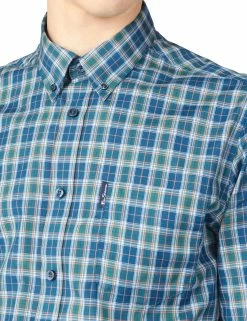 Long-Sleeve Tartan Check Shirt - Sea -clothing Shop 63466 160 long sleeve tartan check shirt sea closeup